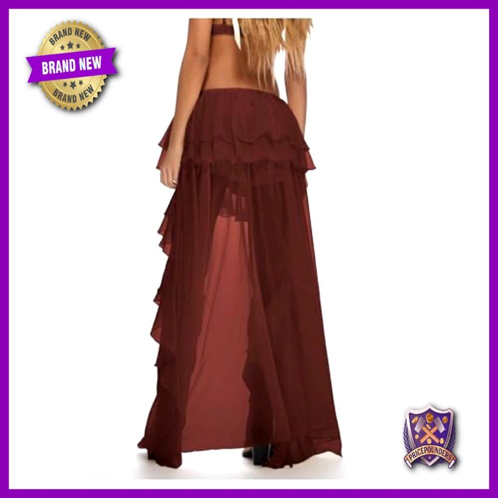 Boho Layered Ruffle Chiffon Maxi Skirt Elastic Waist Asymmetrical - Picture 2 of 5